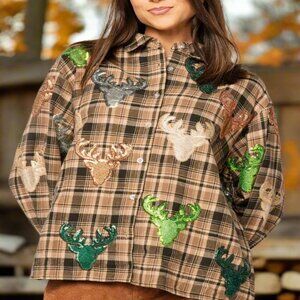 NWT Queen Of Sparkles Brown Plaid Multi Deer Head Button Up Long Sleeve Top